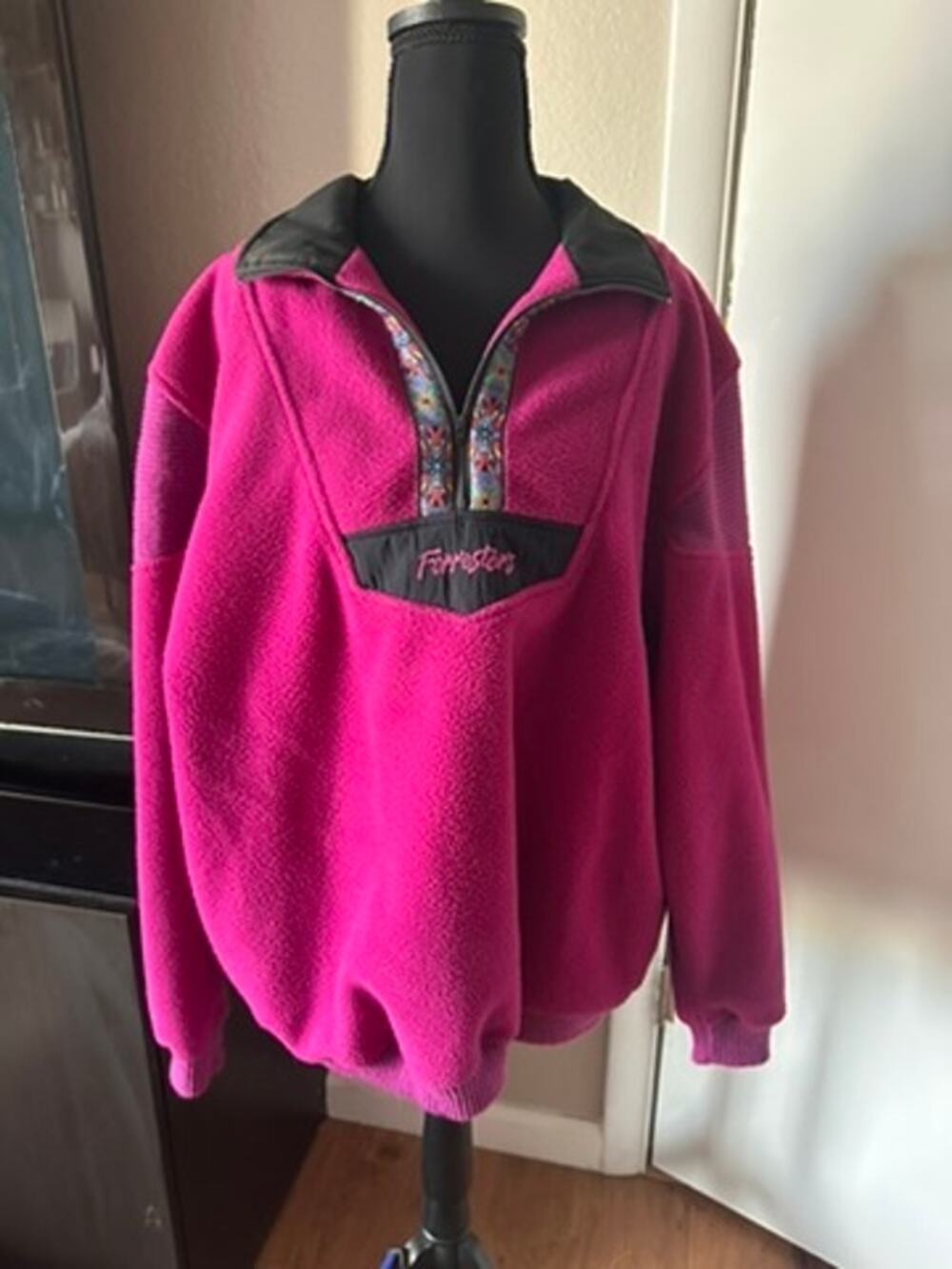 Vintage Forrester’s Hot Pink Fleece 1/4 Zip Pullover | Aztec Geometric Trim XL